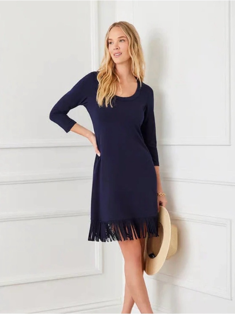 Karen Kane Dark Navy Scoop Neck Shift with Fringe Trim small NEW